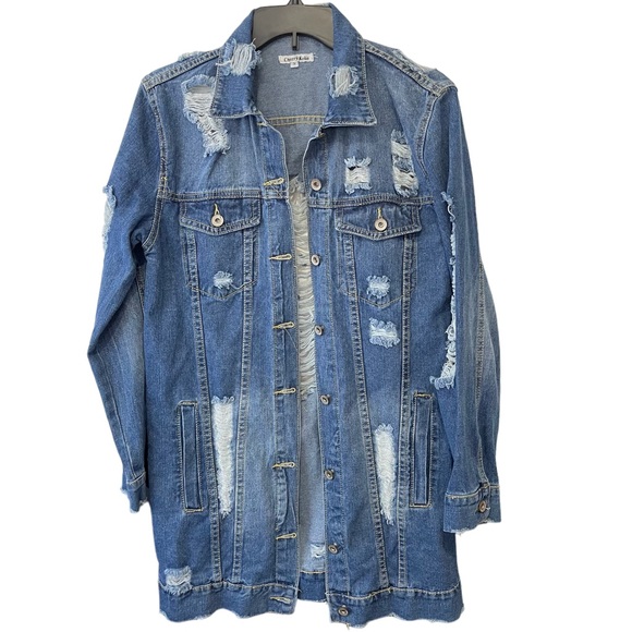 Cherry Koko Denim Distressed Knee length Coat Women’s Small Medium Wash - Picture 1 of 7